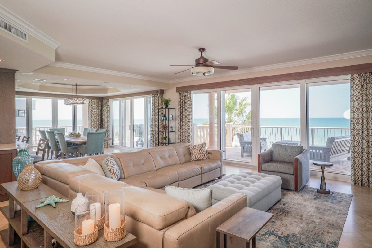 Coastal Retreat great room designed by Mia Bella Designs, Indian Shores, Florida