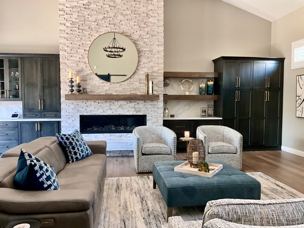 Westchase Retreat Addition fireplace wall designed by Mia Bella Designs, Tampa, Florida